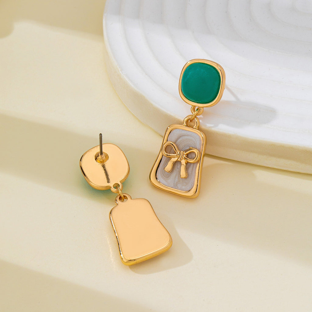 Green Stone and Enamel Bow Drop Earrings | 80E62967