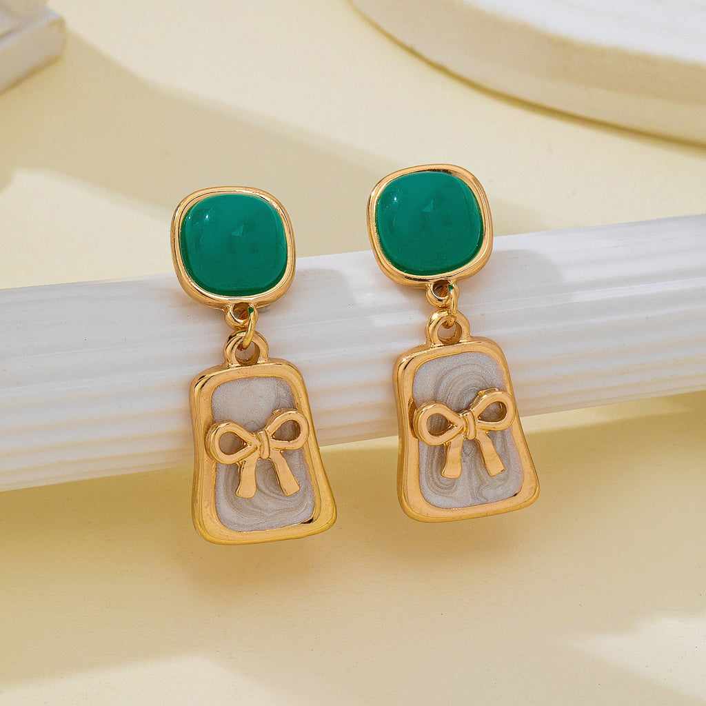 Green Stone and Enamel Bow Drop Earrings | 80E62967