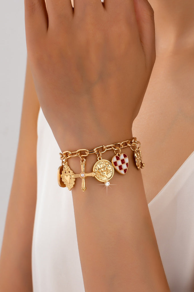 Western Checker Heart Cross Charm Bracelet | 80B1889