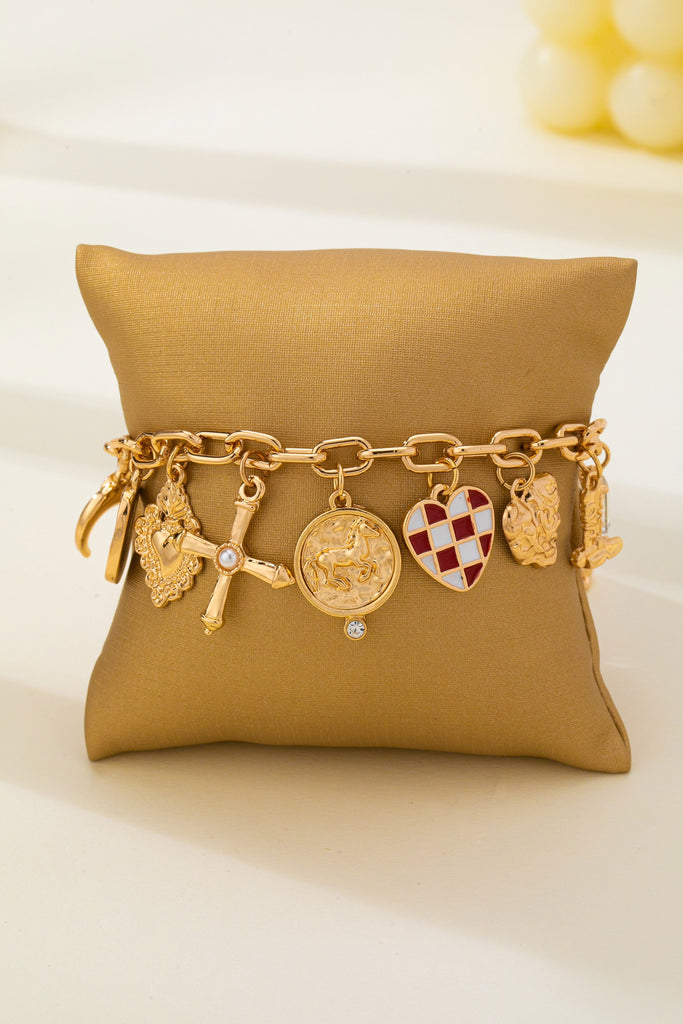 Western Checker Heart Cross Charm Bracelet | 80B1889