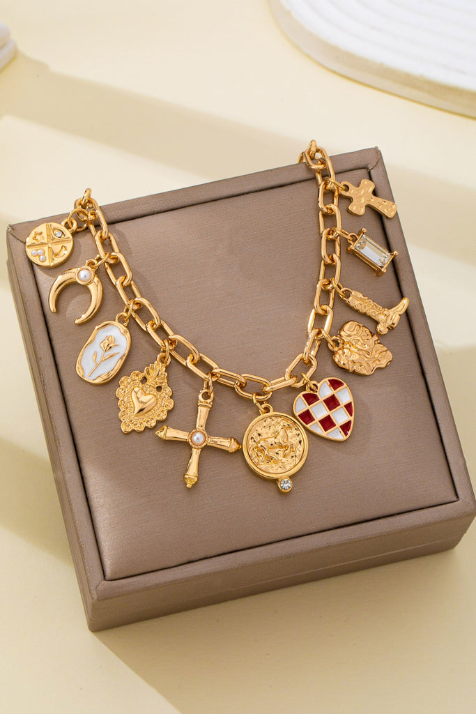 Western Checker Heart Cross Charm Bracelet | 80B1889