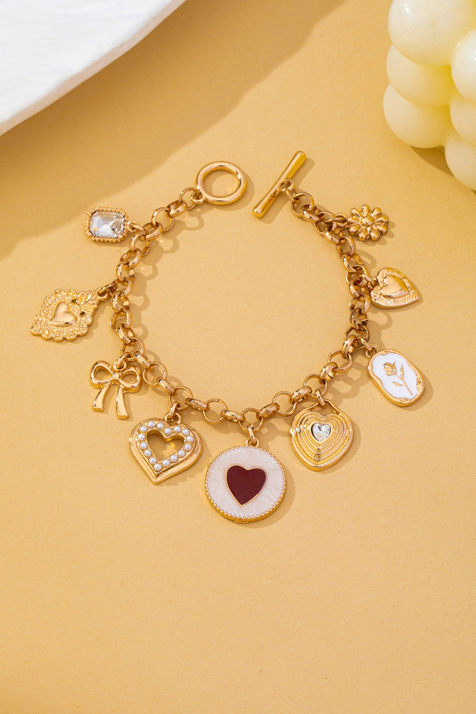 Vintage Enamel Flower Heart Multi Charm Toggle Bracelet | 80B1886