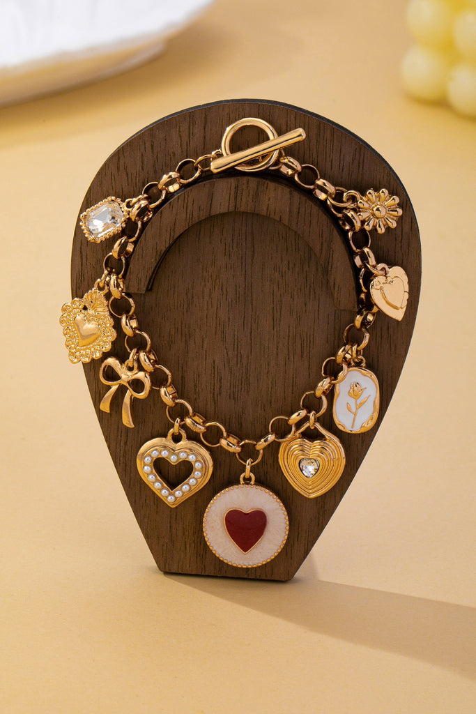 Vintage Enamel Flower Heart Multi Charm Toggle Bracelet | 80B1886