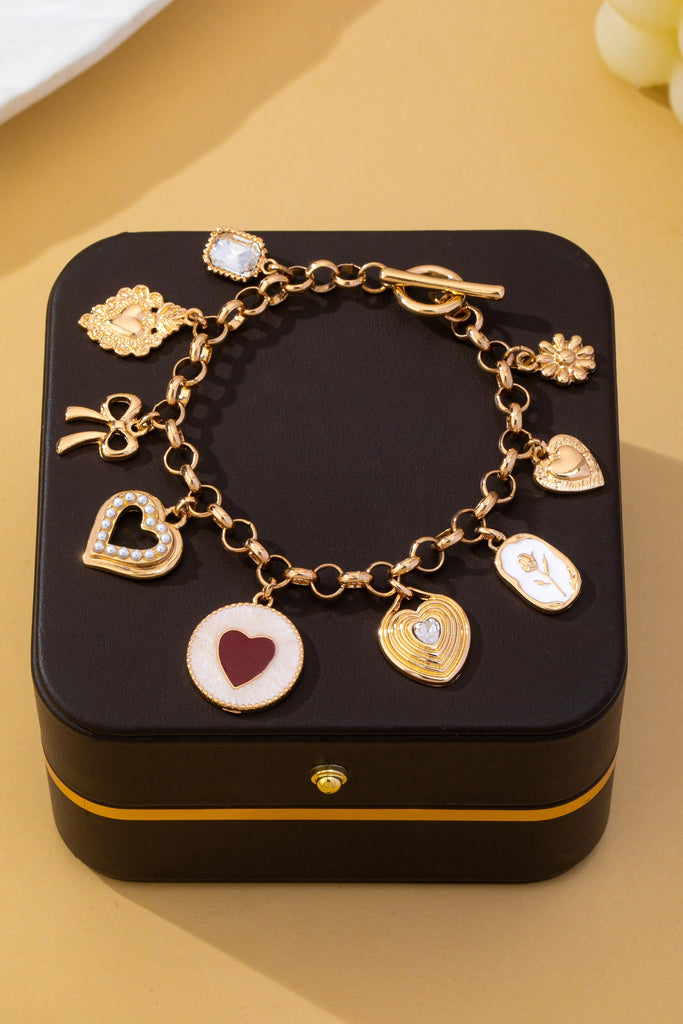 Vintage Enamel Flower Heart Multi Charm Toggle Bracelet | 80B1886