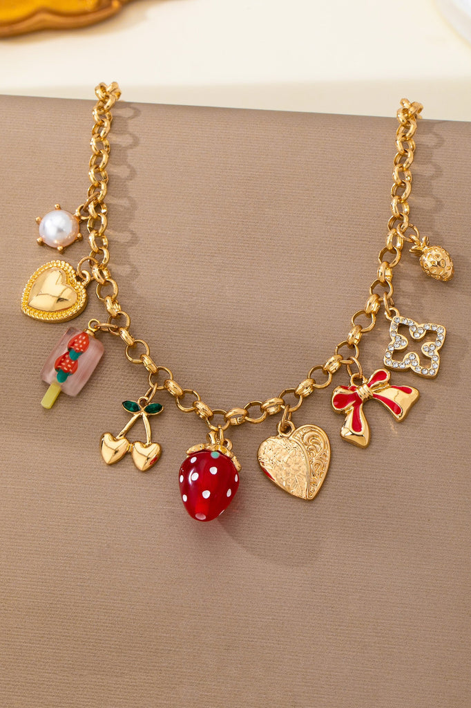 Strawberry Bow Heart Cherry Multi Charm Necklace | 80N93515