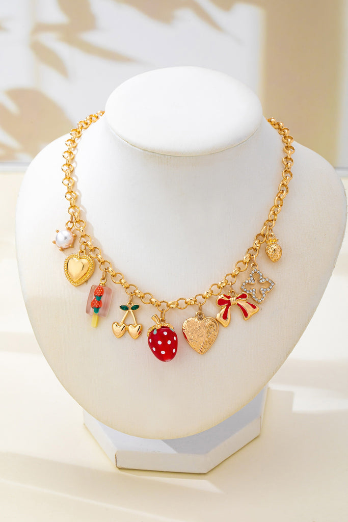 Strawberry Bow Heart Cherry Multi Charm Necklace | 80N93515