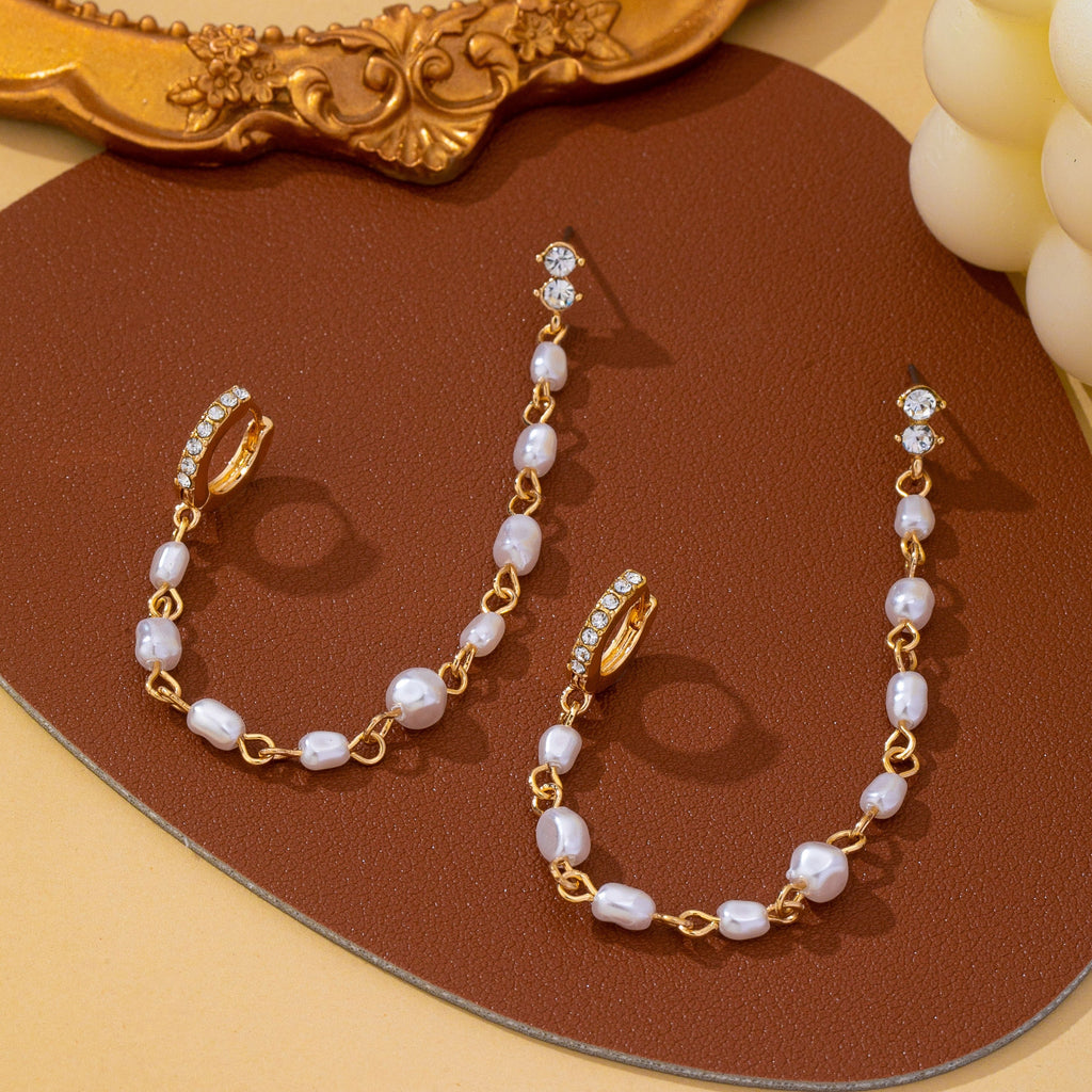 Pearl Chain Double Piercing Drop Earrings | 80E63020