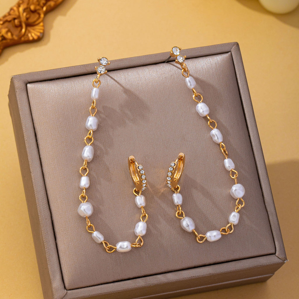 Pearl Chain Double Piercing Drop Earrings | 80E63020