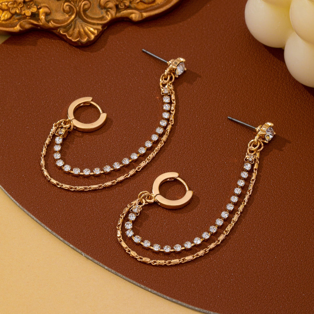 Rhinestone & Gold Double Chain Drapes Drop Earrings|80E63021