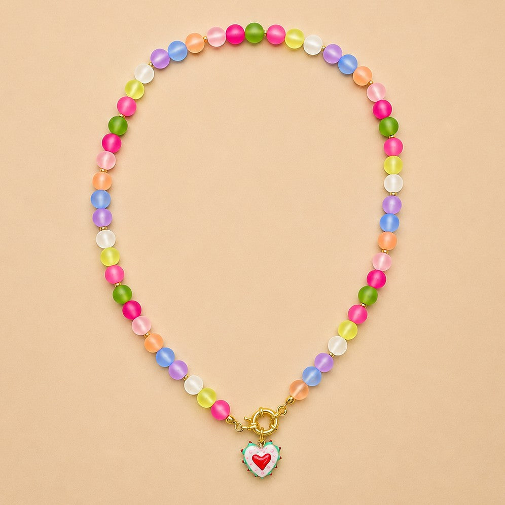 Multi Frosted Glass Bead & Enamel Heart Necklace | 40NK9766