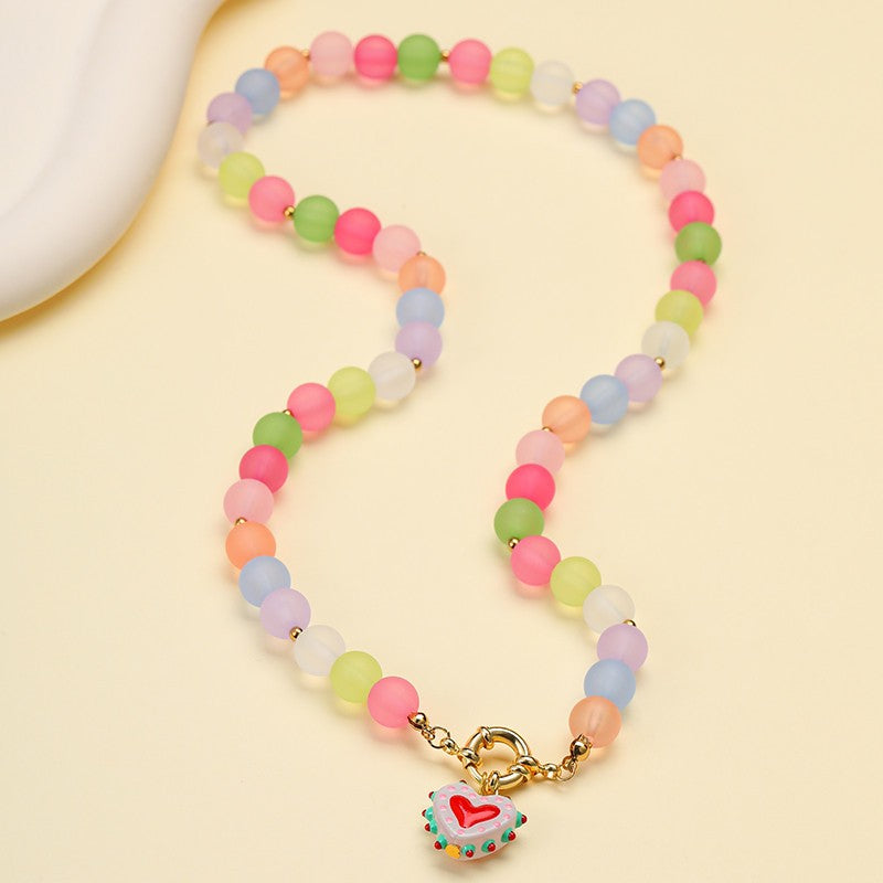 Multi Frosted Glass Bead & Enamel Heart Necklace | 40NK9766