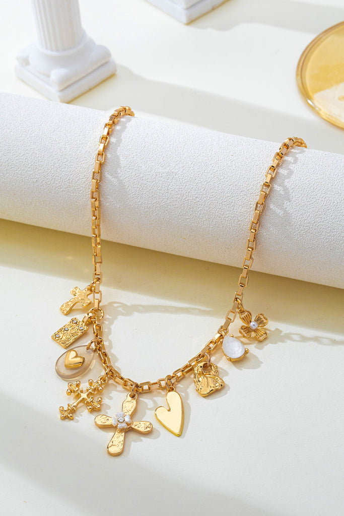 Vintage Gold Cross & Heart Charm Necklace | 80N93637