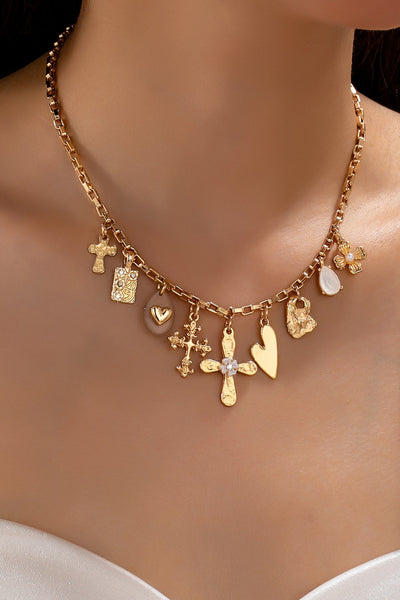 Vintage Gold Cross & Heart Charm Necklace | 80N93637