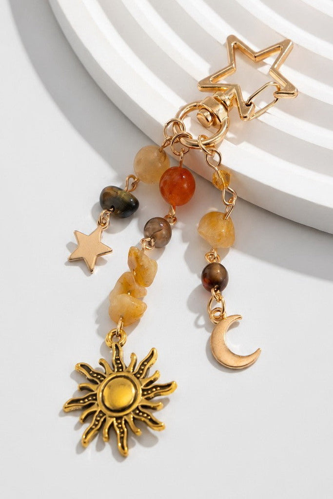 STAINELESS STEEL CELESTIAL SUN MOON STAR BEADED BAG CHARM | 40KC188