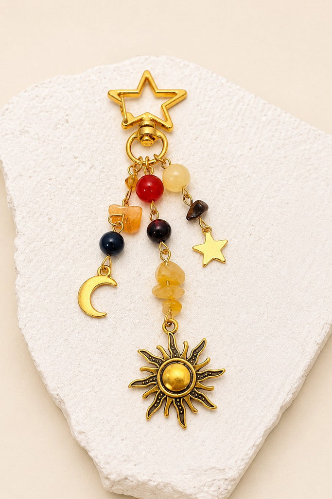 STAINELESS STEEL CELESTIAL SUN MOON STAR BEADED BAG CHARM | 40KC188
