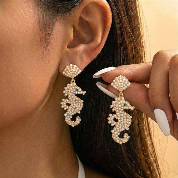Oceanic Pearl & Rhinestone Seahorse Drop Earrings | 40E547