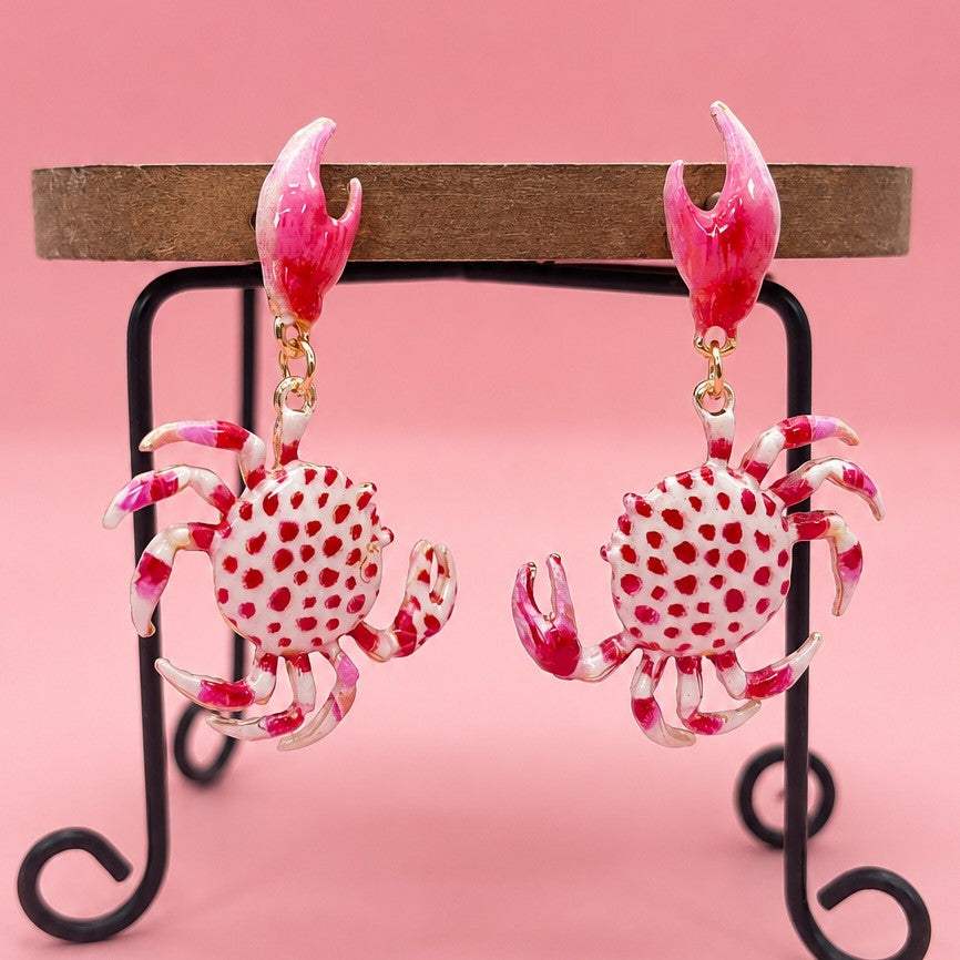 Playful Pink Enamel Crab Claw Drop Earrings | 40E549