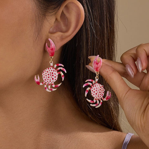 Playful Pink Enamel Crab Claw Drop Earrings | 40E549