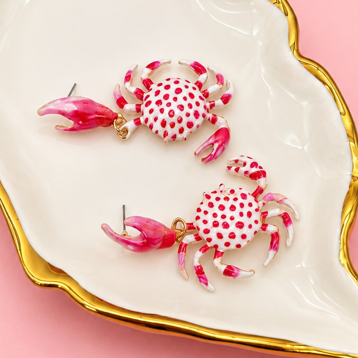 Playful Pink Enamel Crab Claw Drop Earrings | 40E549