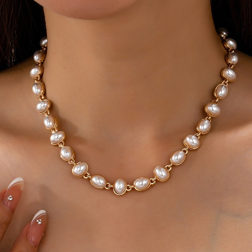 Bezel-Set Oval Faux Pearl Link Station Necklace | 80N93655