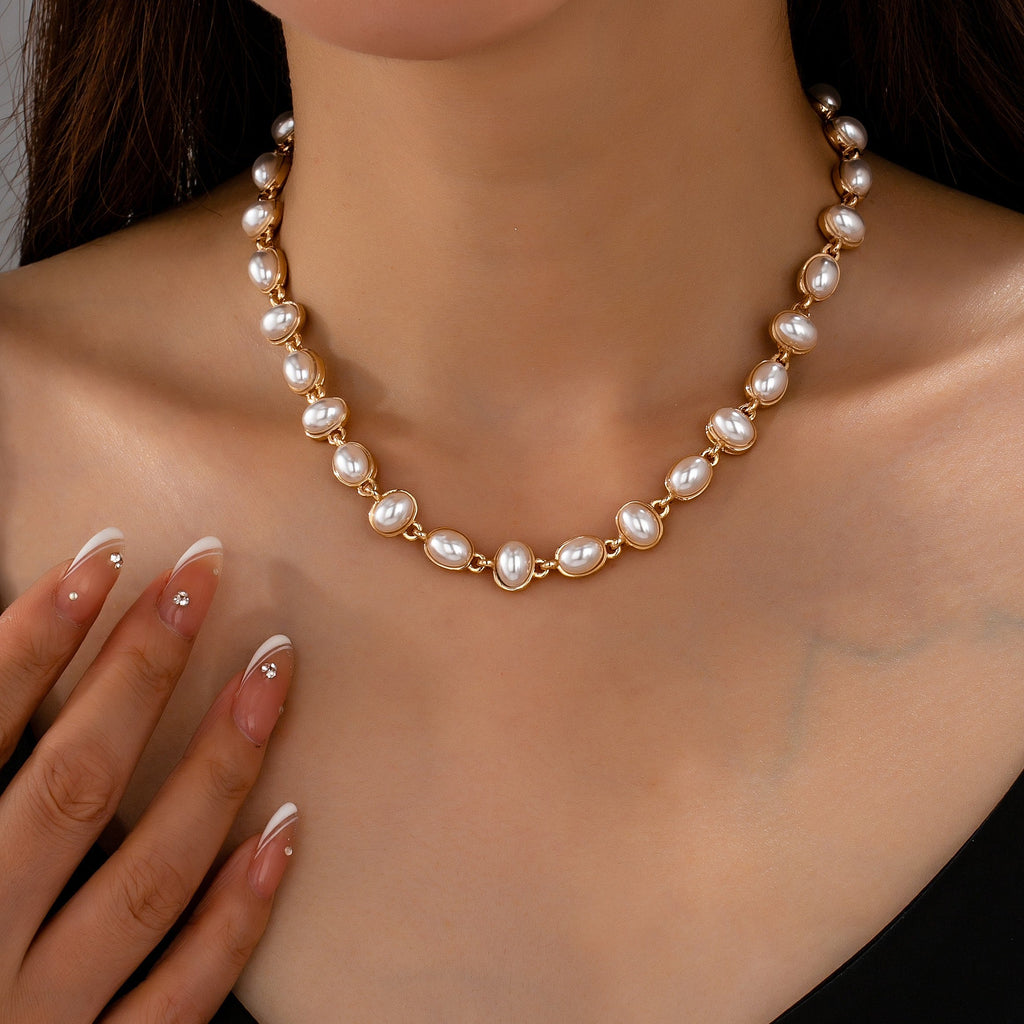 Bezel-Set Oval Faux Pearl Link Station Necklace | 80N93655
