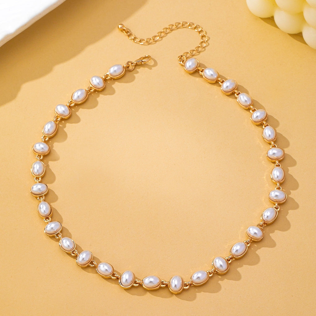 Bezel-Set Oval Faux Pearl Link Station Necklace | 80N93655