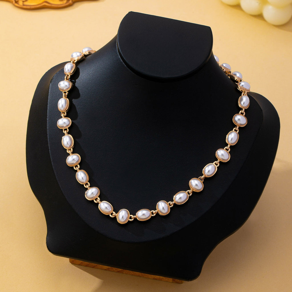 Bezel-Set Oval Faux Pearl Link Station Necklace | 80N93655