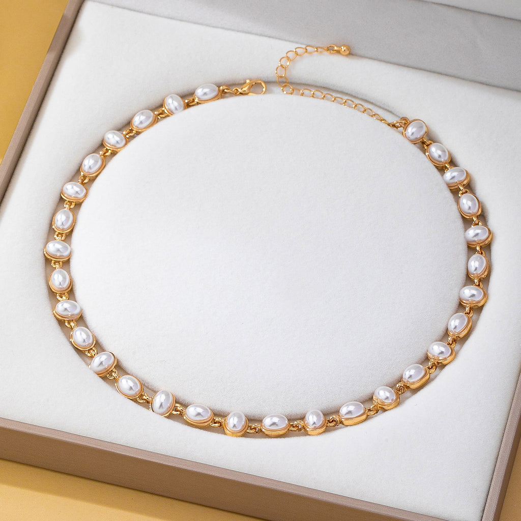 Bezel-Set Oval Faux Pearl Link Station Necklace | 80N93655
