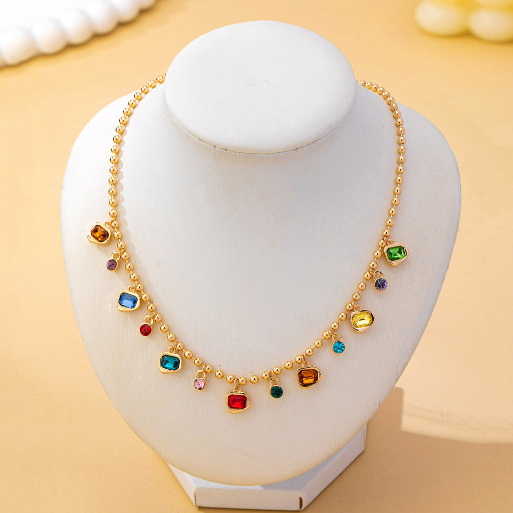 Brass Multi-Color Glass Gem Charm Chain Necklace | 80N93682