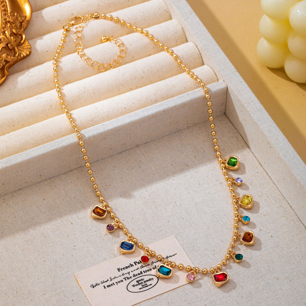 Brass Multi-Color Glass Gem Charm Chain Necklace | 80N93682
