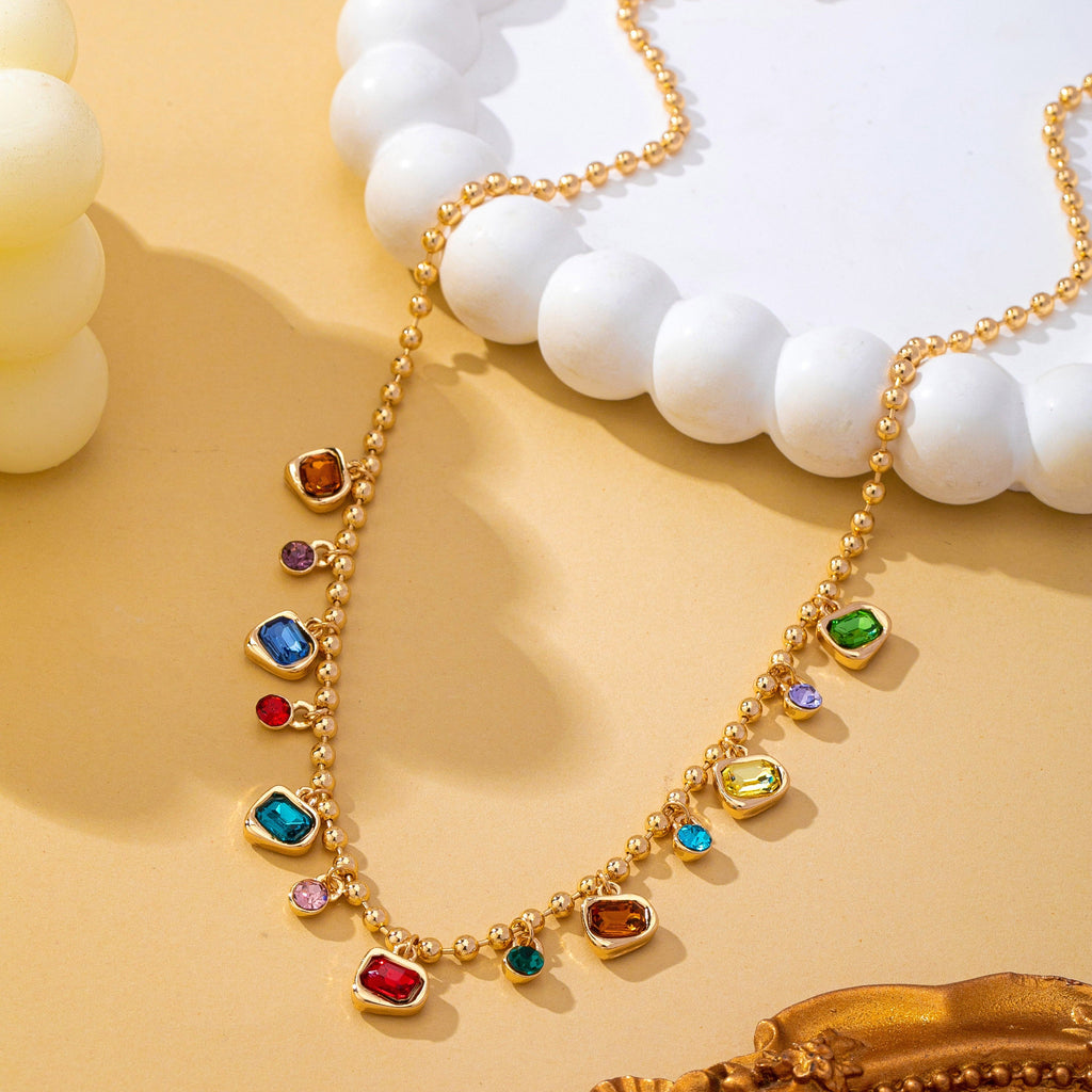 Brass Multi-Color Glass Gem Charm Chain Necklace | 80N93682