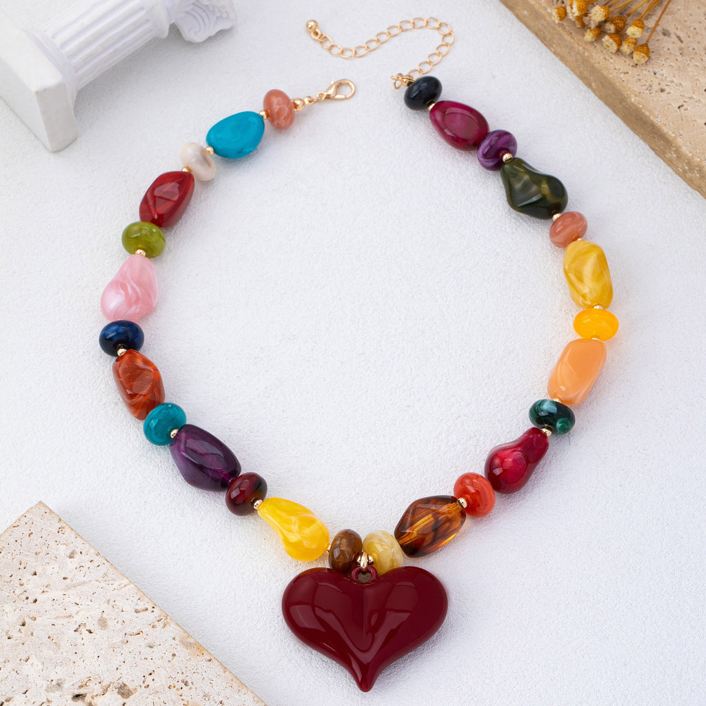 Chunky Multicolor Bead Heart Pendant Necklace | 80N93690