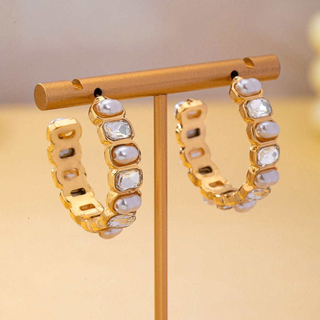 Alternating Pearl and Rhinestone Hoop Earrings | 80E63136