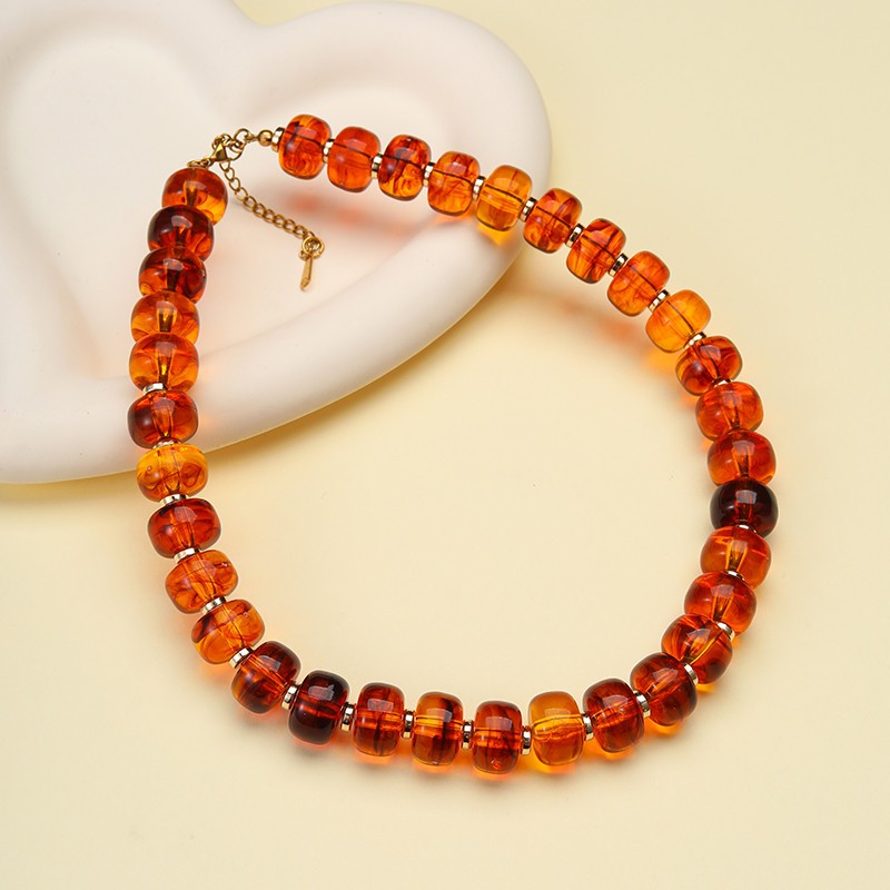 Chunky Amber-Tone Barrel Bead Necklace | 40NK9767