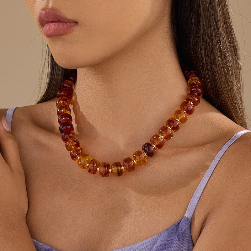 Chunky Amber-Tone Barrel Bead Necklace | 40NK9767