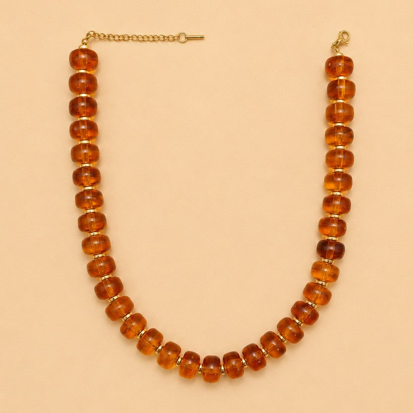 Chunky Amber-Tone Barrel Bead Necklace | 40NK9767