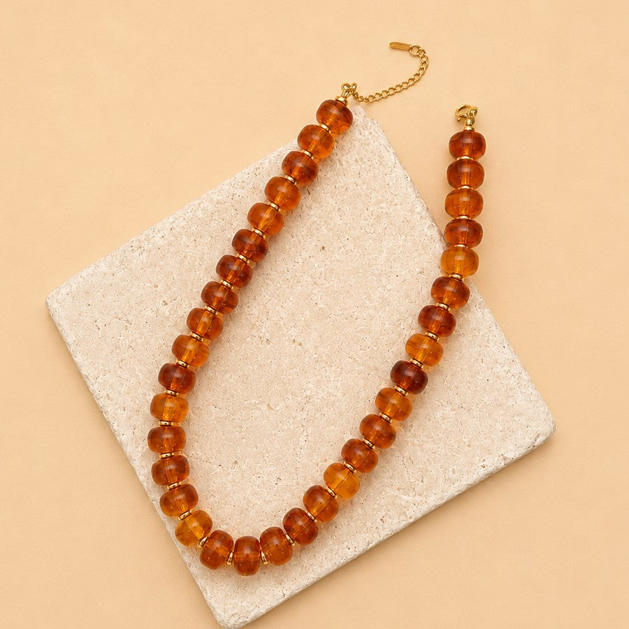 Chunky Amber-Tone Barrel Bead Necklace | 40NK9767