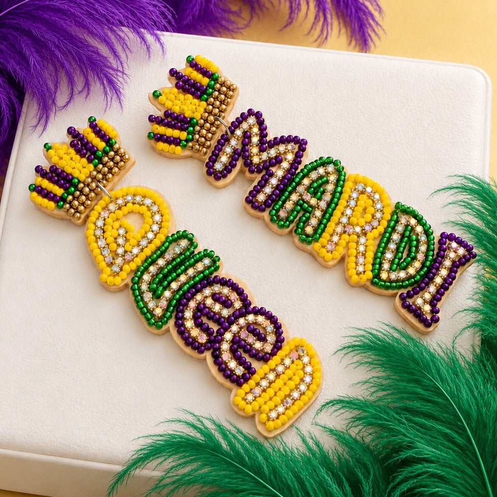 Mardi Queen Seed Beaded Dangle Earrings | 40E557