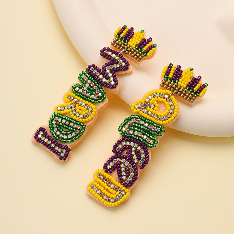 Mardi Queen Seed Beaded Dangle Earrings | 40E557