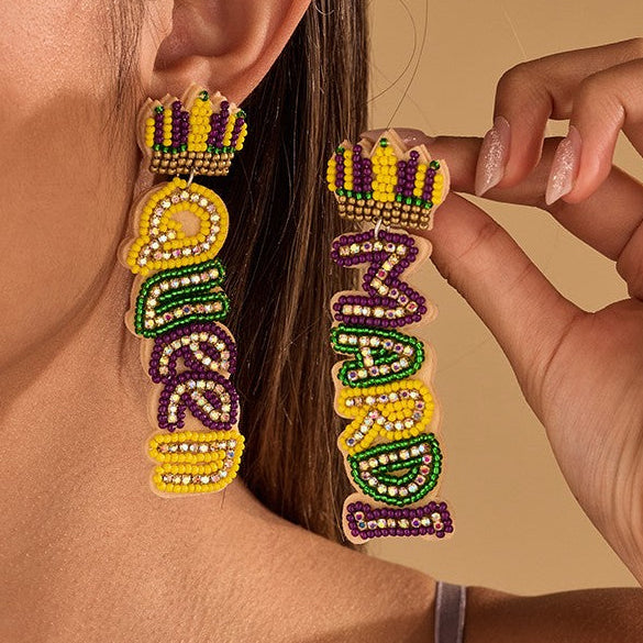 Mardi Queen Seed Beaded Dangle Earrings | 40E557