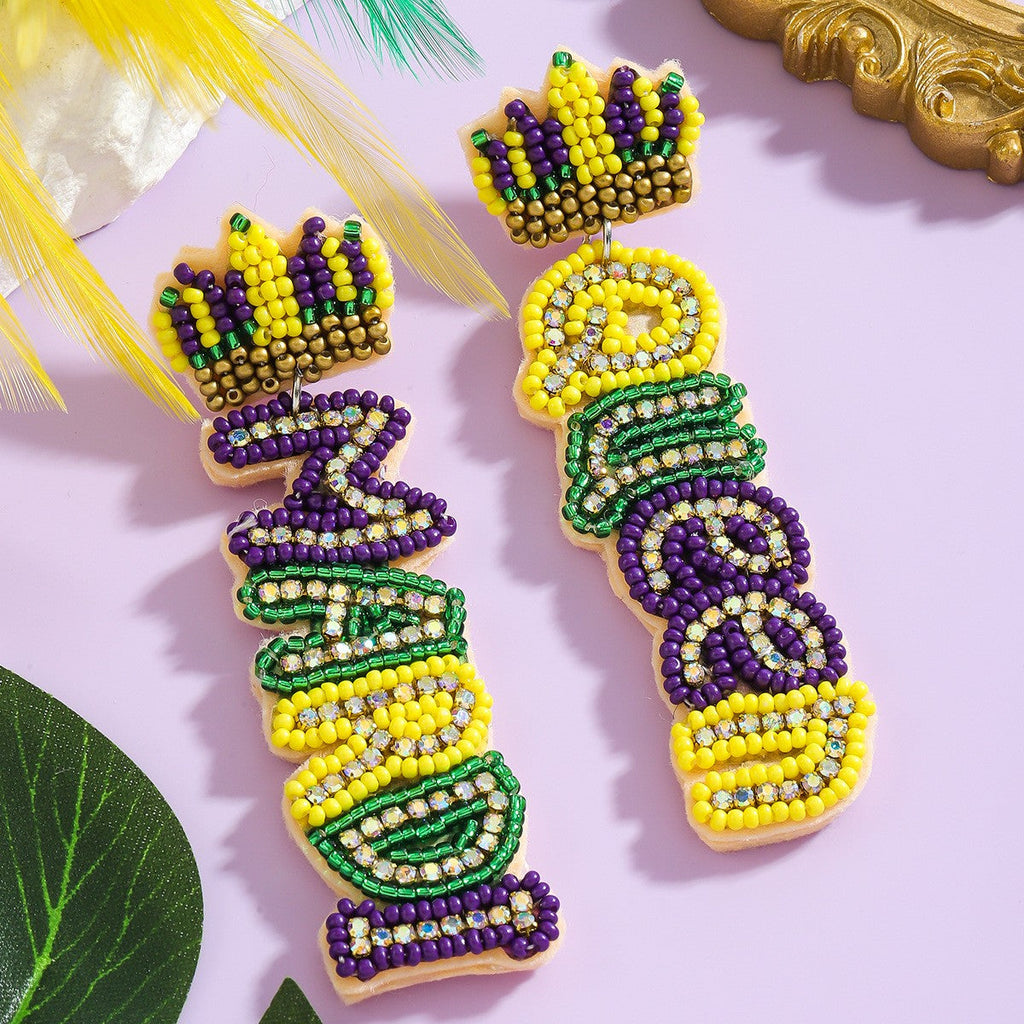 Mardi Queen Seed Beaded Dangle Earrings | 40E557