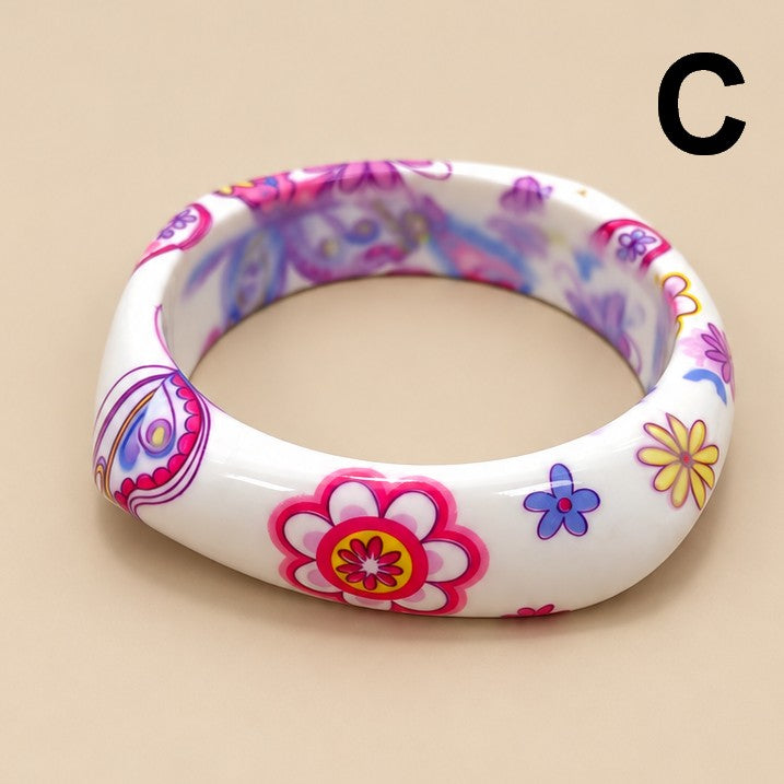 Floral Print Chunky Domed Resin Bangle Bracelet | 40B5279