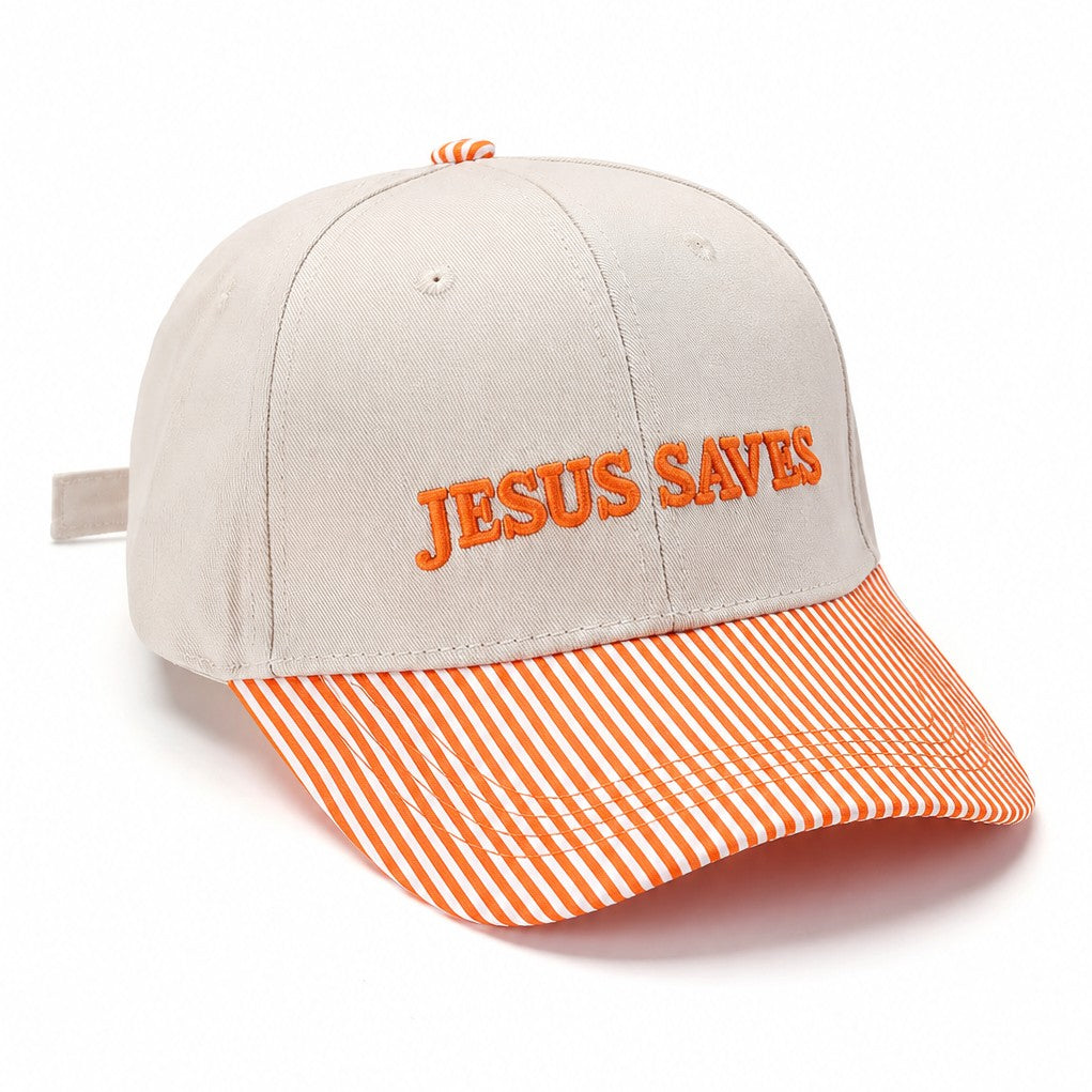 "JESUS SAVES" Striped Visor Embroidered Baseball Cap|40HW761