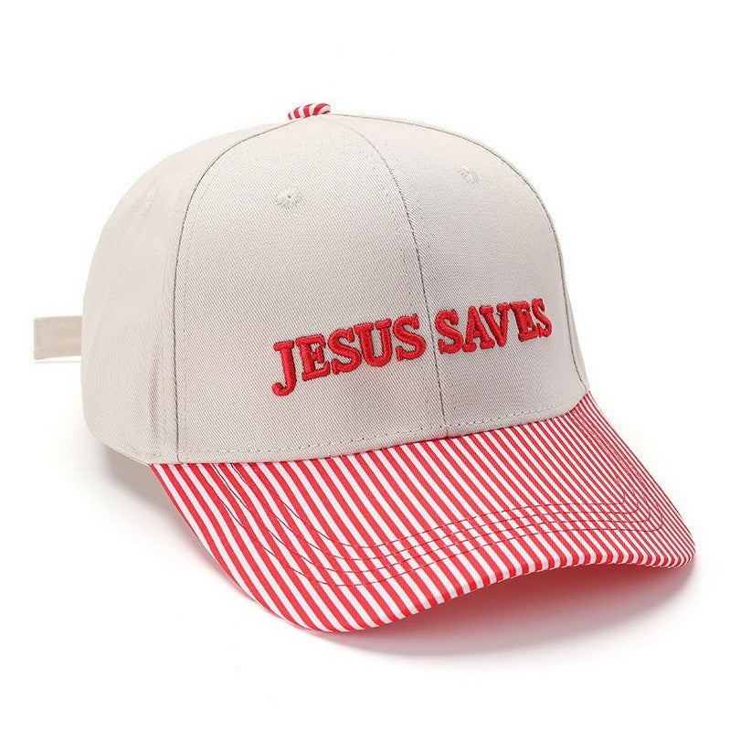 "JESUS SAVES" Striped Visor Embroidered Baseball Cap|40HW761
