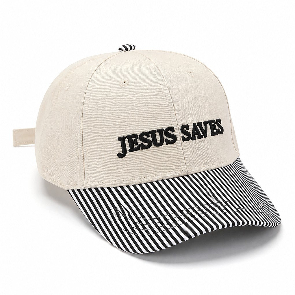 "JESUS SAVES" Striped Visor Embroidered Baseball Cap|40HW761