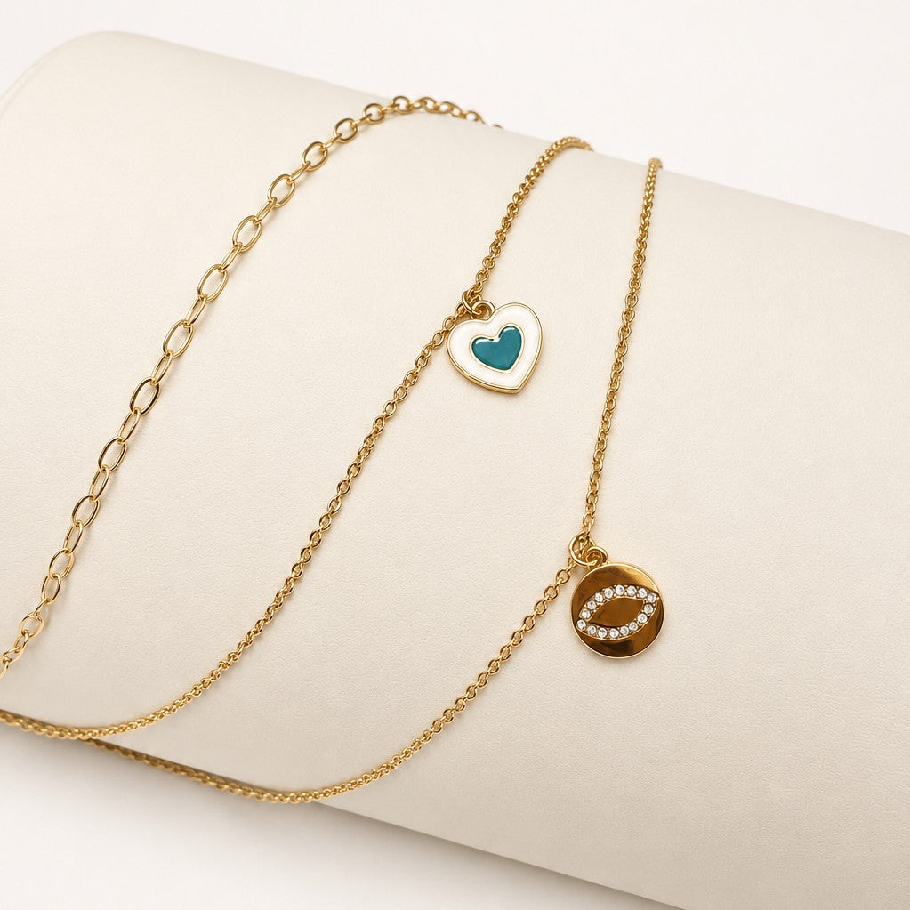 Layered Enamel Heart & Pavé Evil Eye Disc Necklace| 31N22009