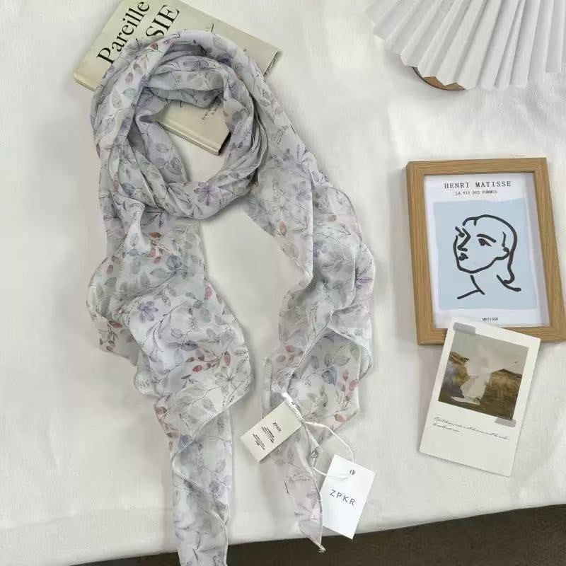 Sheer Floral & Stripe Printed Long Scarf | 40SC741