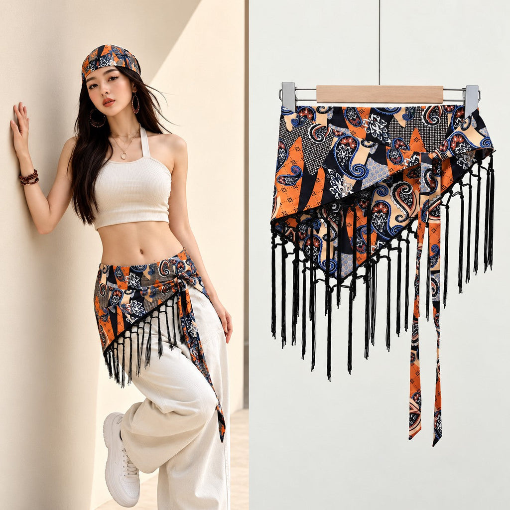 Paisley Print Fringe Triangle Hip Scarf Belt | 40SC752