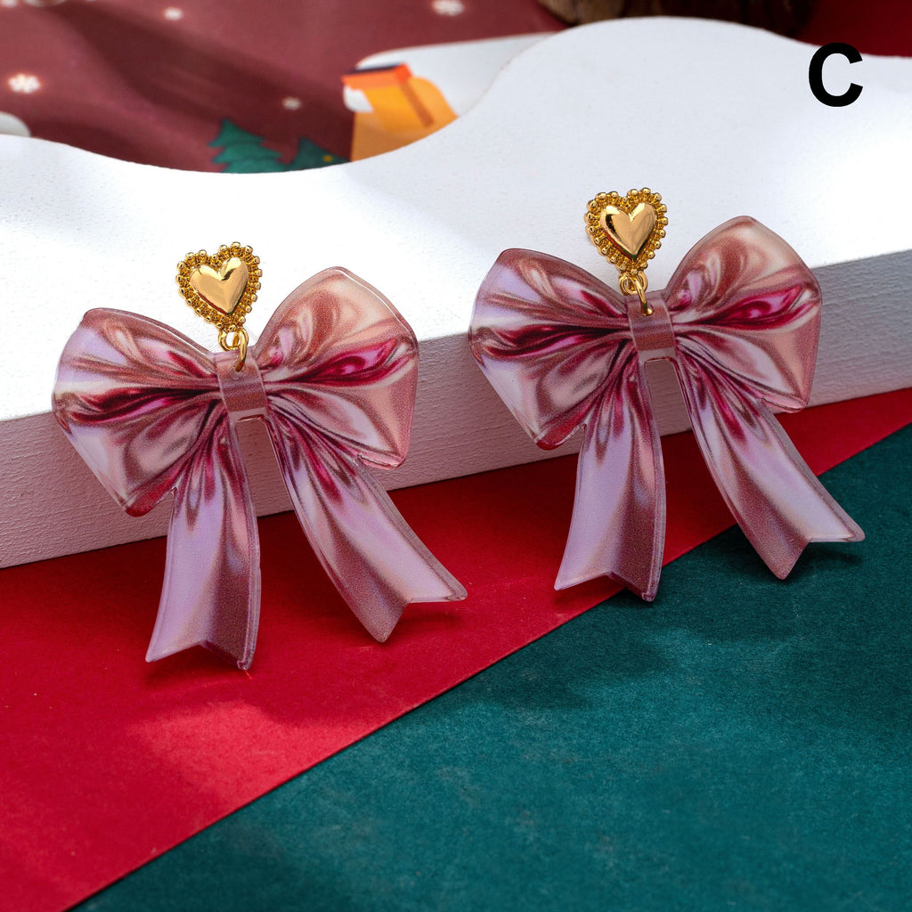 Pink Coquette Holiday Acrylic Bow Drop Earrings | 80E63507