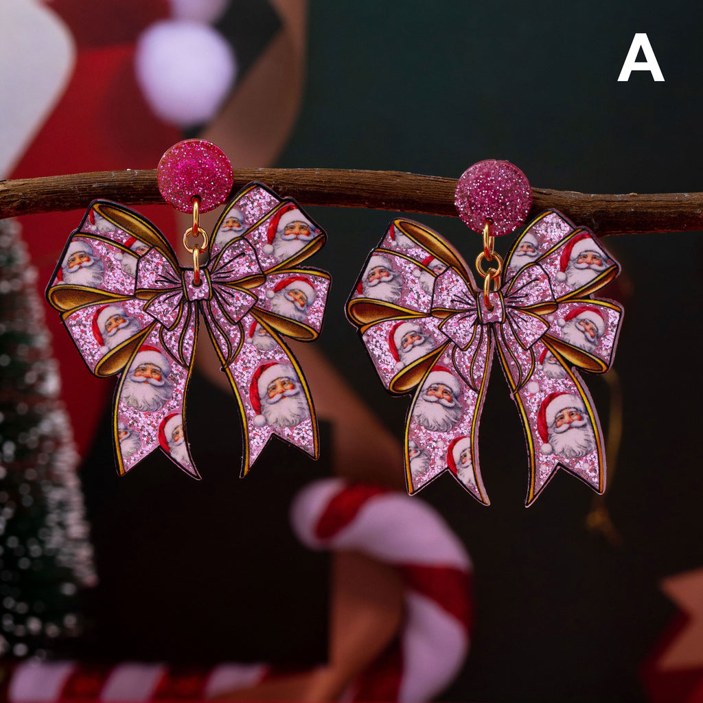 Pink Coquette Holiday Acrylic Bow Drop Earrings | 80E63507